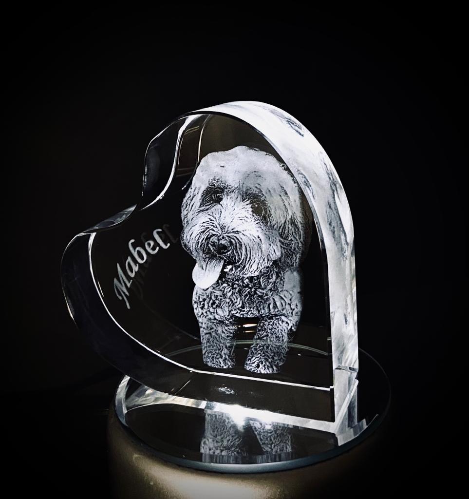 Corazon de cristal con Foto 3D mascota 8x8x3 cm